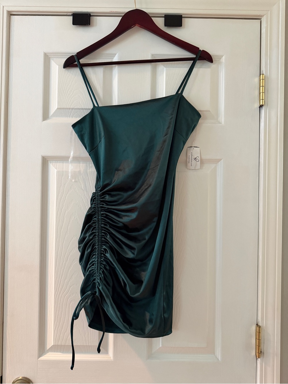 Windsor Hunter Green Satin Ruched Spaghetti-Strap Mini Dress
